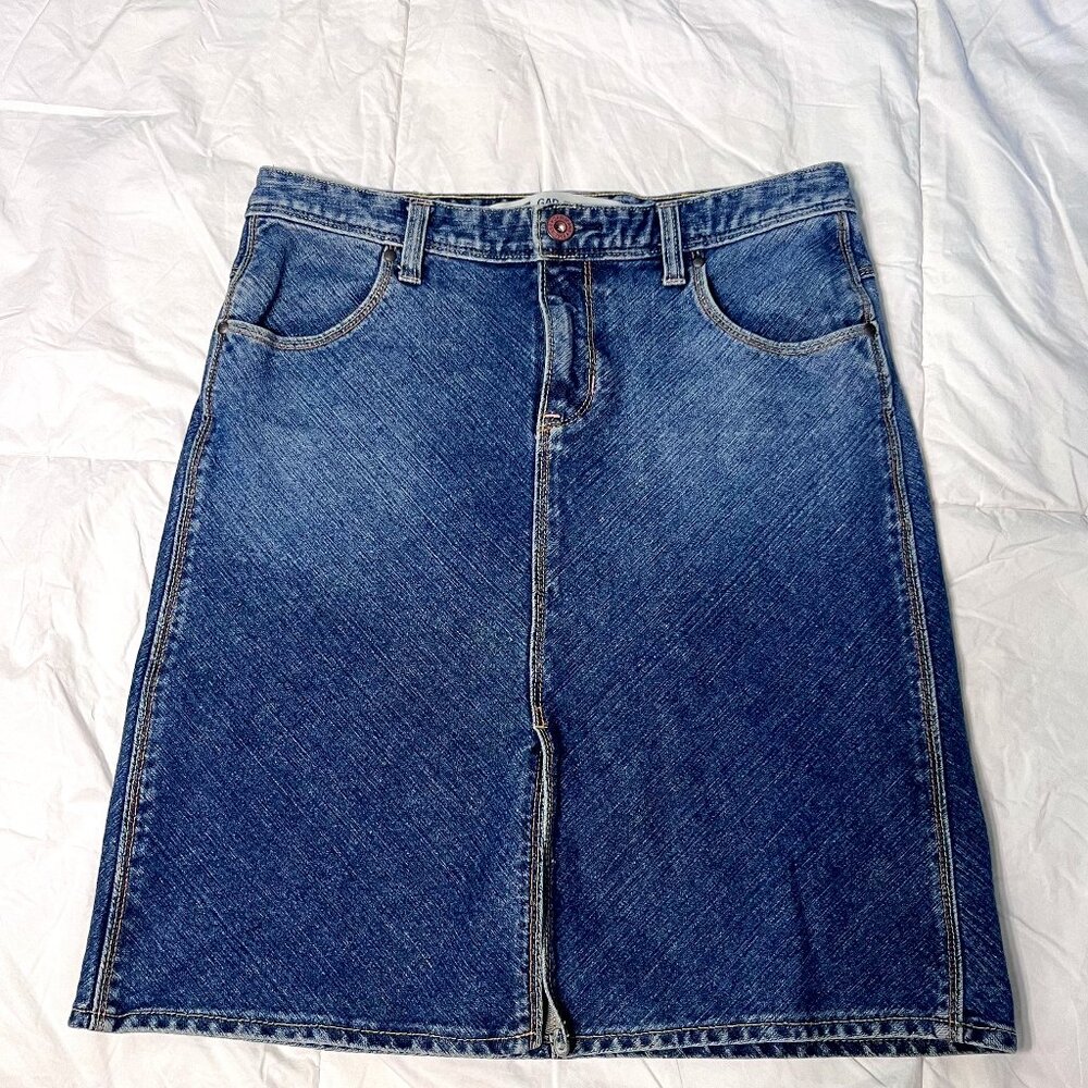 GAP Jeans Stretch Midi denim jean skirt front slit 4 pockets Womens 6 98% cotton